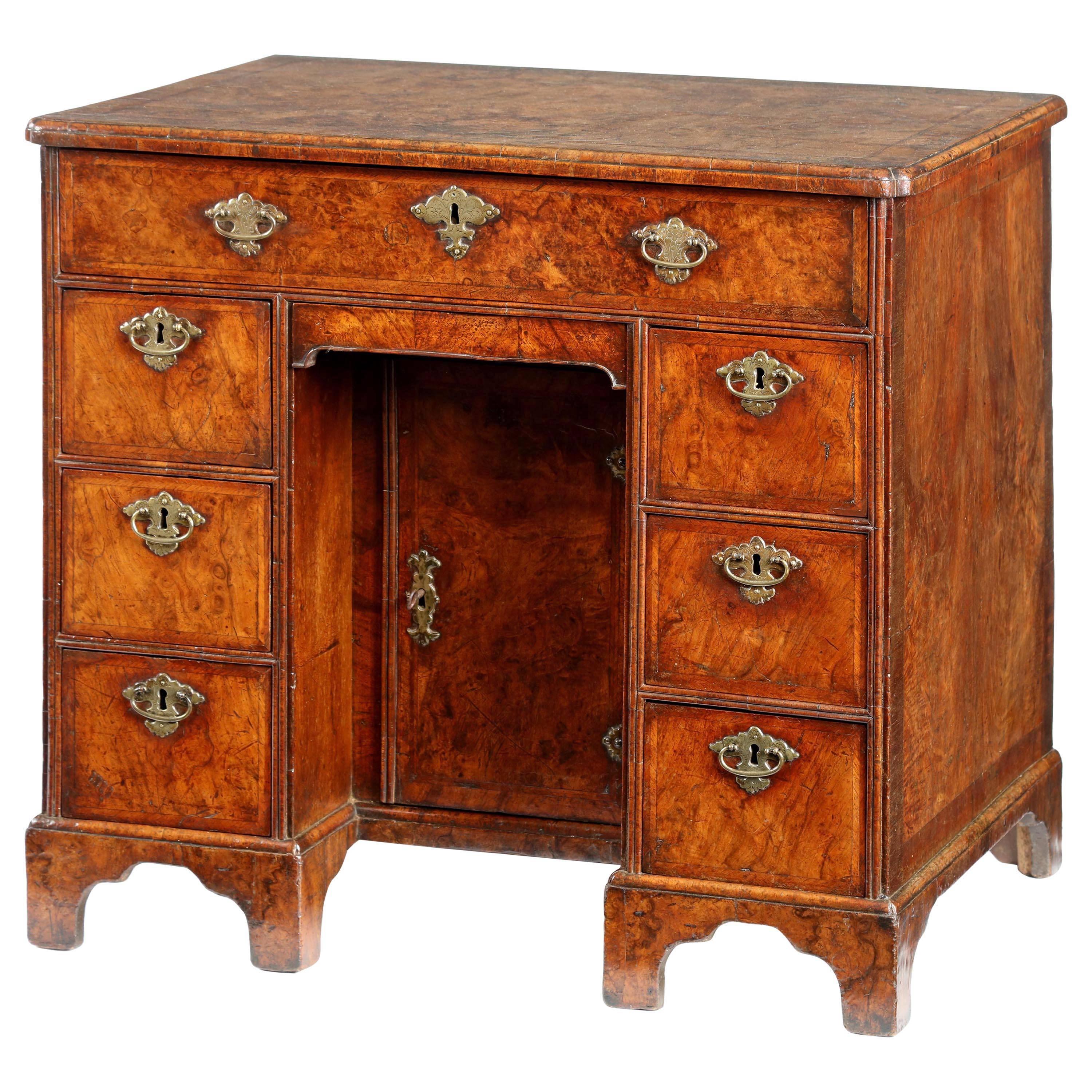 Queen Anne Burr Walnut Secretaire Kneehole Desk For Sale