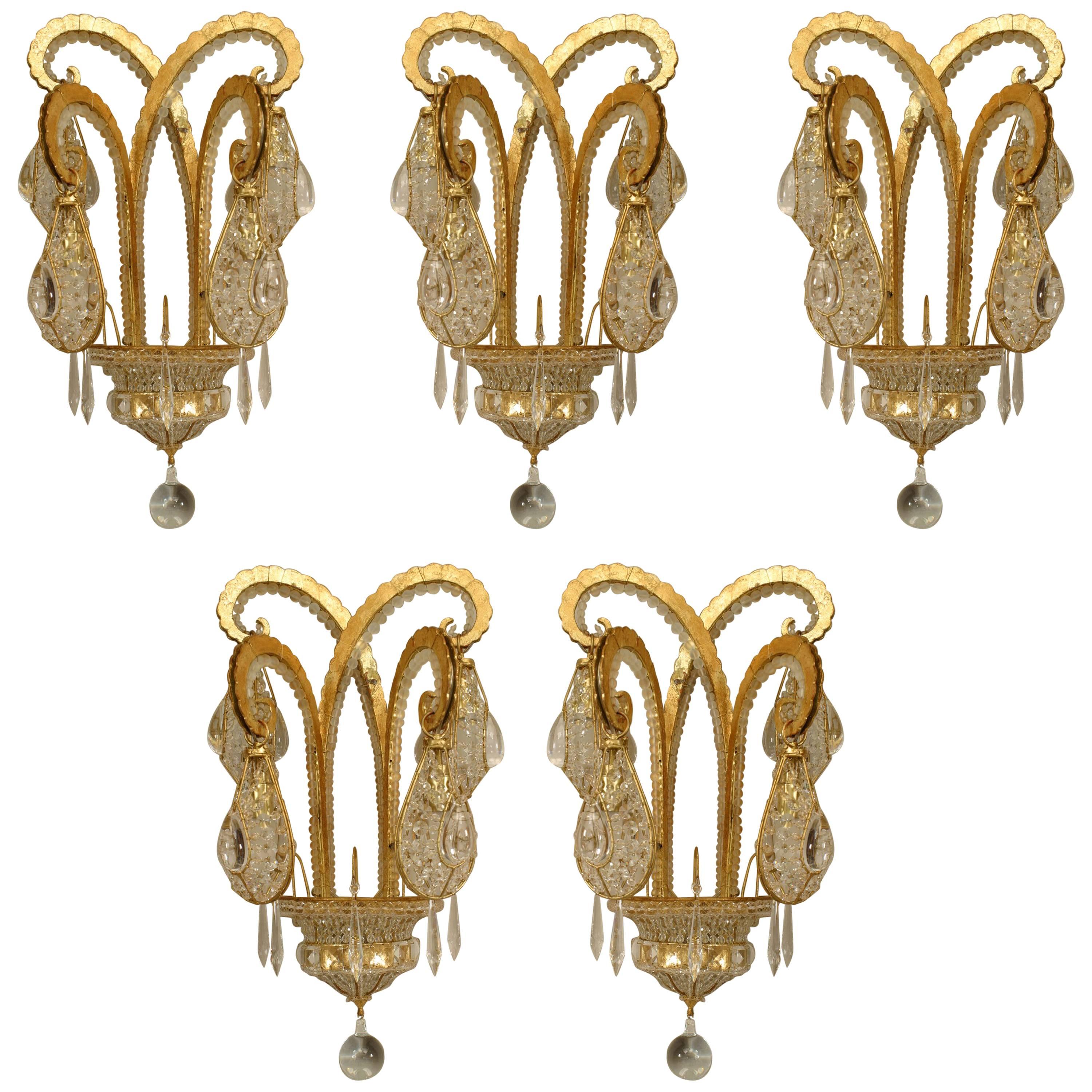 5 achteckige Art-Déco-Wandleuchter aus vergoldetem Metall und Glas im Art déco-Stil in Maison Bagues-Stil