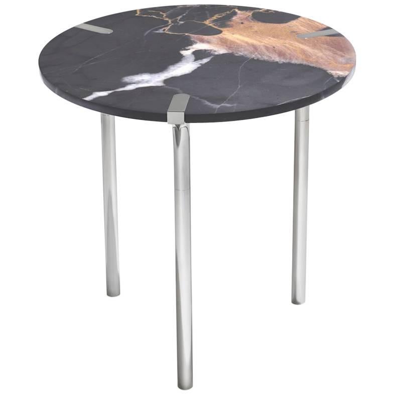 Sereno Side Table / End Table in St. Laurent Marble & Polished Silver For Sale