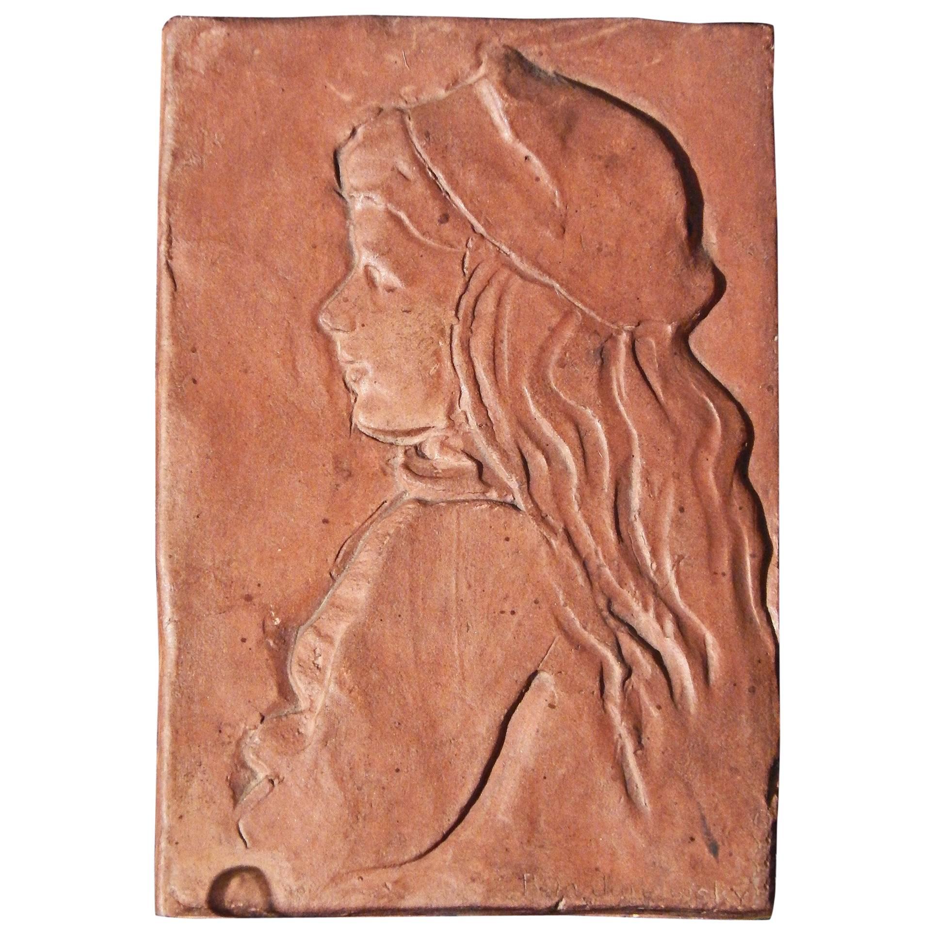 "Girl with Beret, " Lovely, Carved 1930s Sculptural Plaque by Bela Janowsky