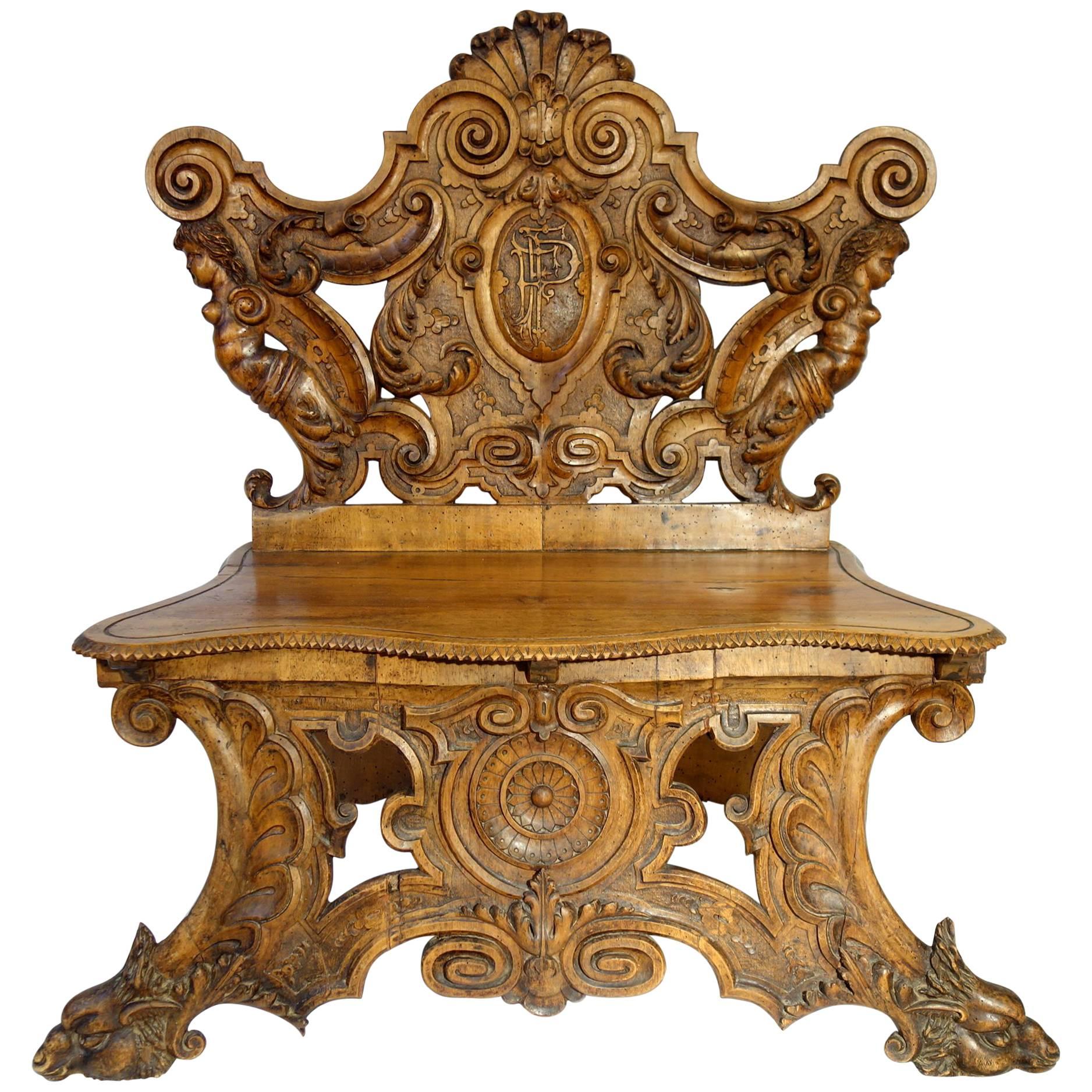 19th Century Antique Italian Carved Walnut Bench by Valentino Besarel Ca 1870 For Sale