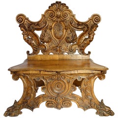 19th Century Antique Italian Carved Walnut Bench by Valentino Besarel Ca 1870