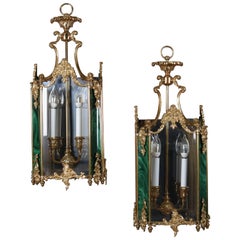 French Style Gilt Bronze and Faux Malachite Panelled Mirrored Wall Sconces, Pair