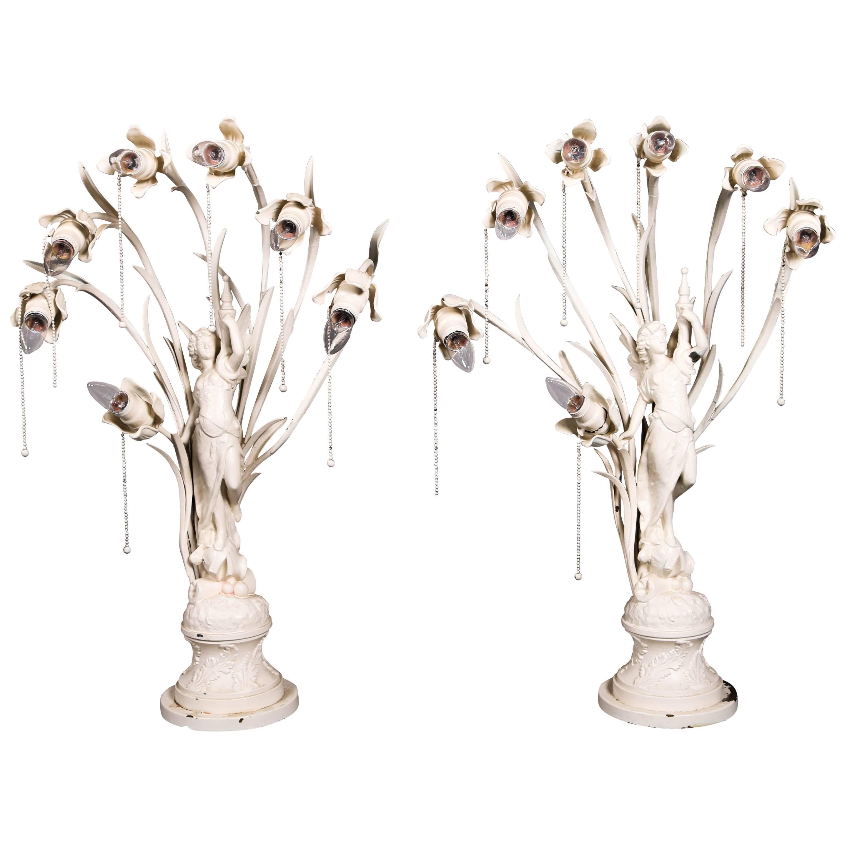 Pair Oversized Art Nouveau Figural Lamps, Flower Form Lights, Early 20th Century