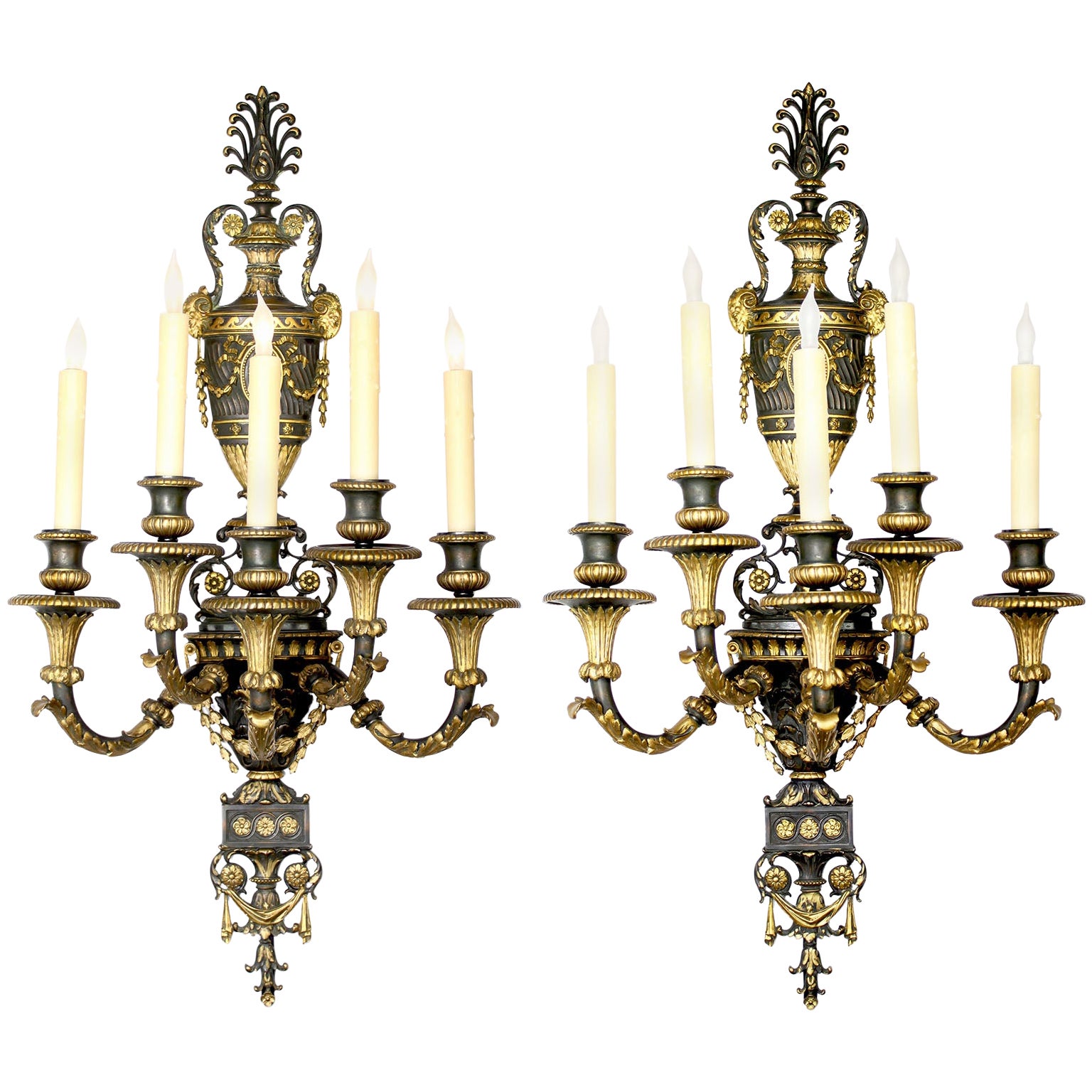 Pr. French 19th Century Empire Neoclassical Style Parcel-Gilt Bronze Wall Lights For Sale