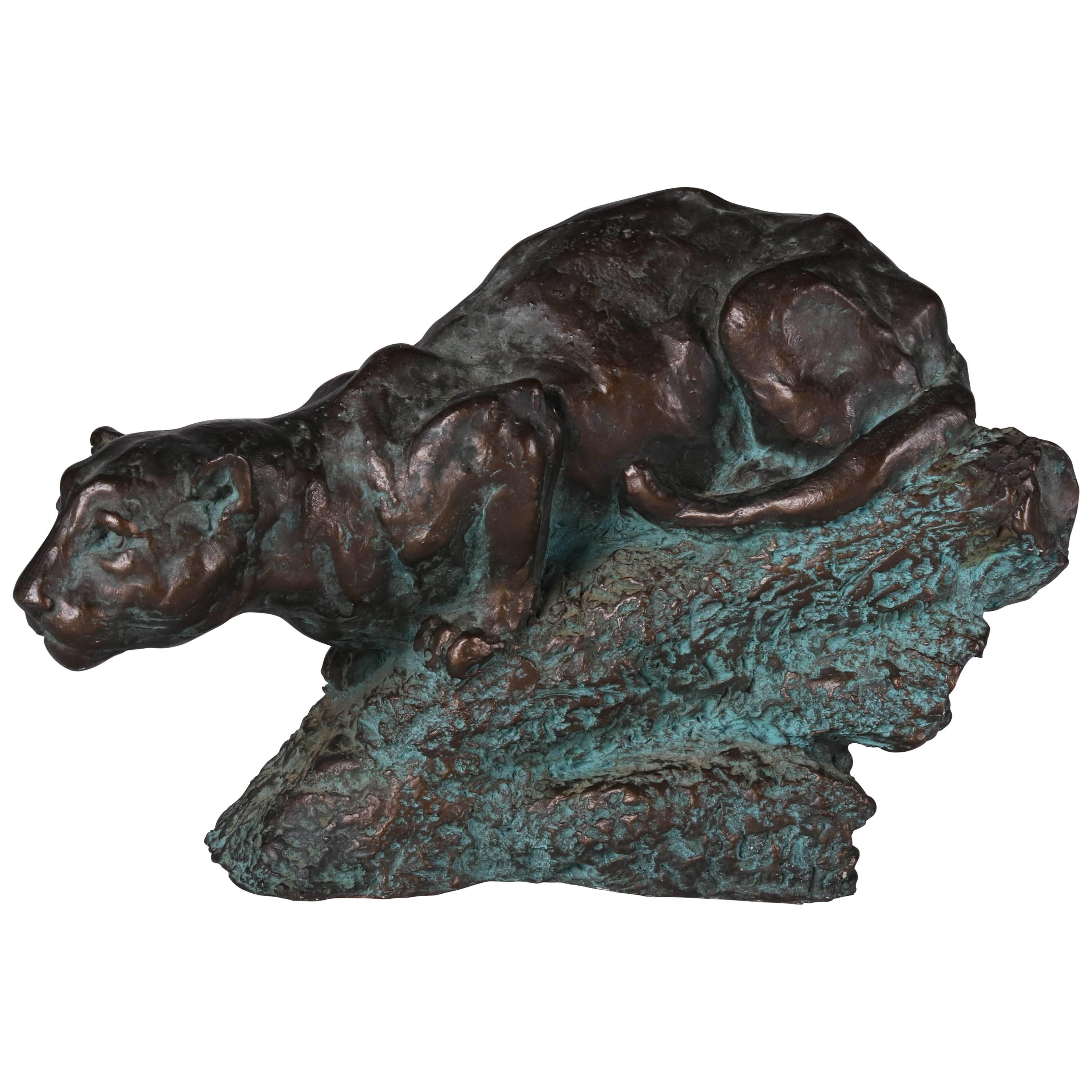 Bronzed Figural Sculpture of Stalking Cougar on the Hunt