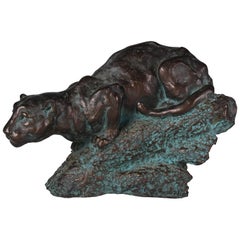 Vintage Bronzed Figural Sculpture of Stalking Cougar on the Hunt