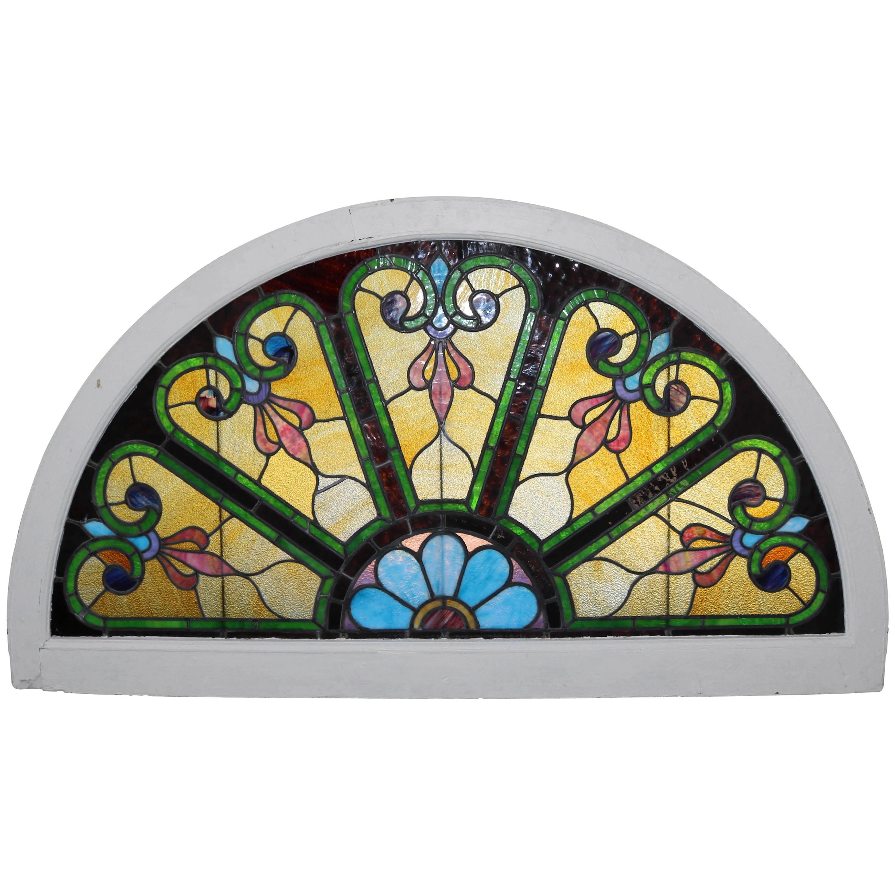 Antique Demilune Stained and Leaded Glass Arched Transom Window