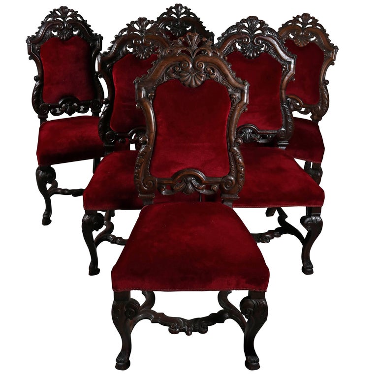 Set Of Six Antique Italian Heavily Carved Baroque Velvet Chairs Set of Six Antique Italian Heavily Carved Baroque Velvet Chairs, Hoof Feet For Sale - Set Of Six Antique Italian Heavily Carved Baroque Velvet Chairs