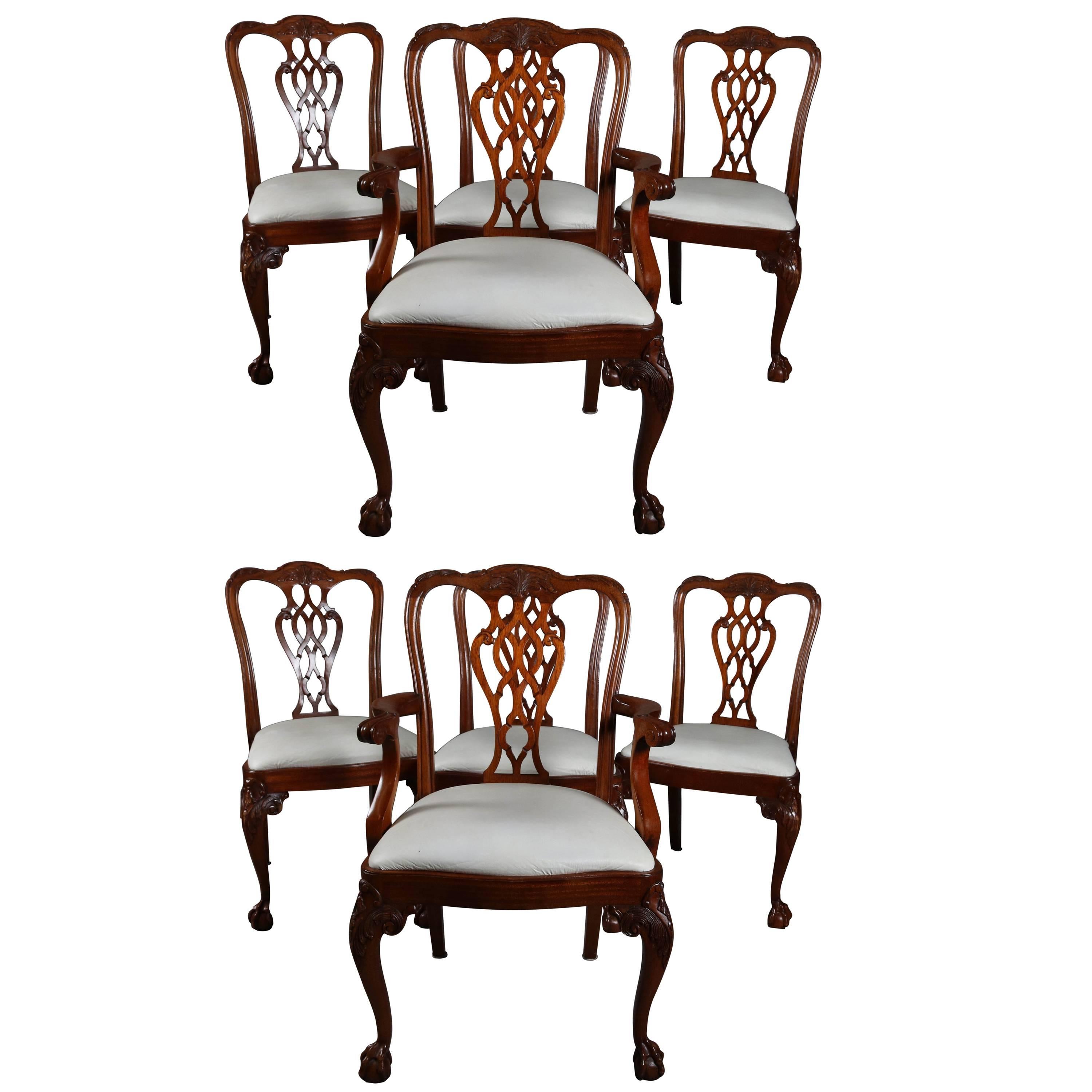 Set of Eight Chippendale Style Flat Back Carved Mahogany Dining Chairs