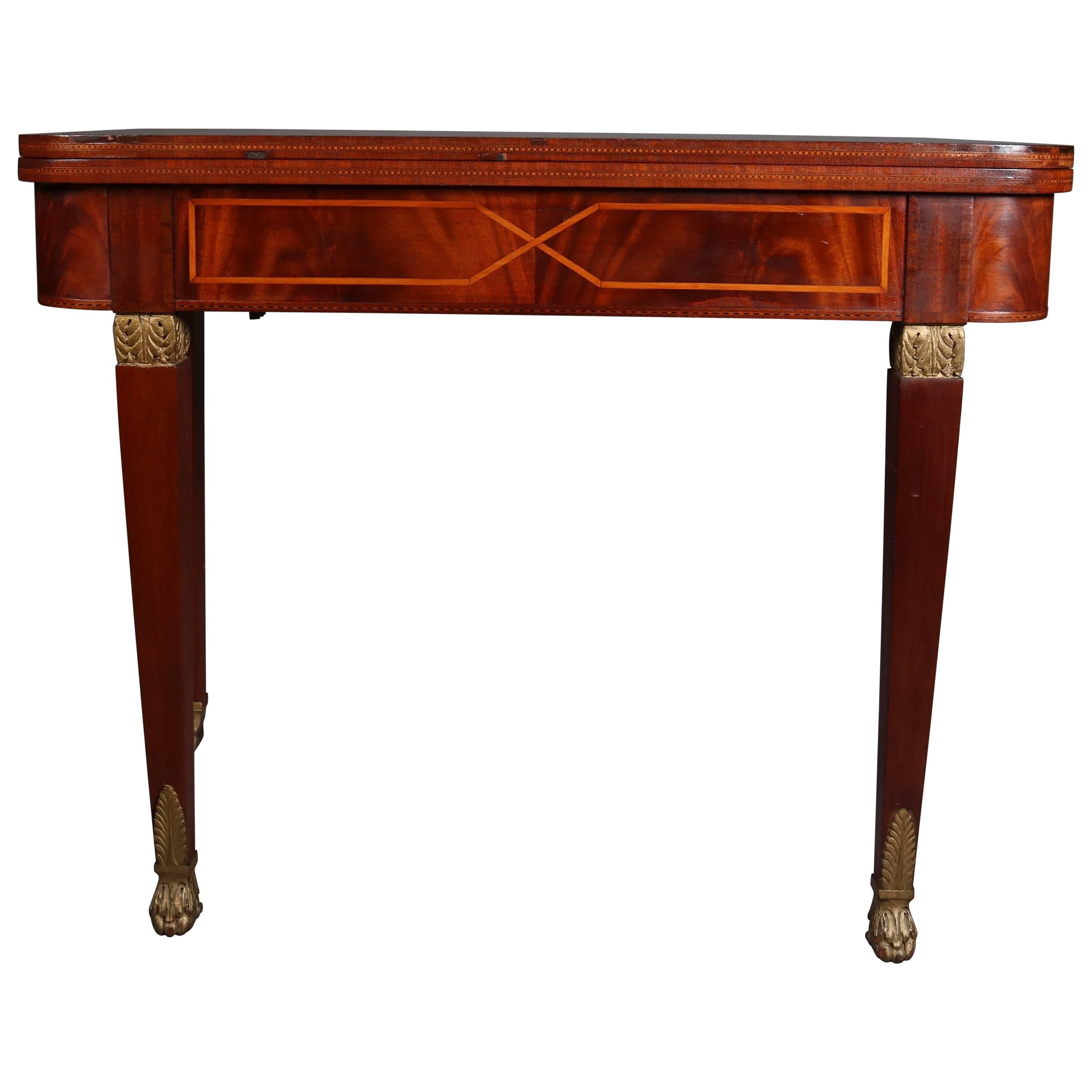 Antique French Empire Flame Mahogany Satinwood Banded and Gilt Game Table, 19thC