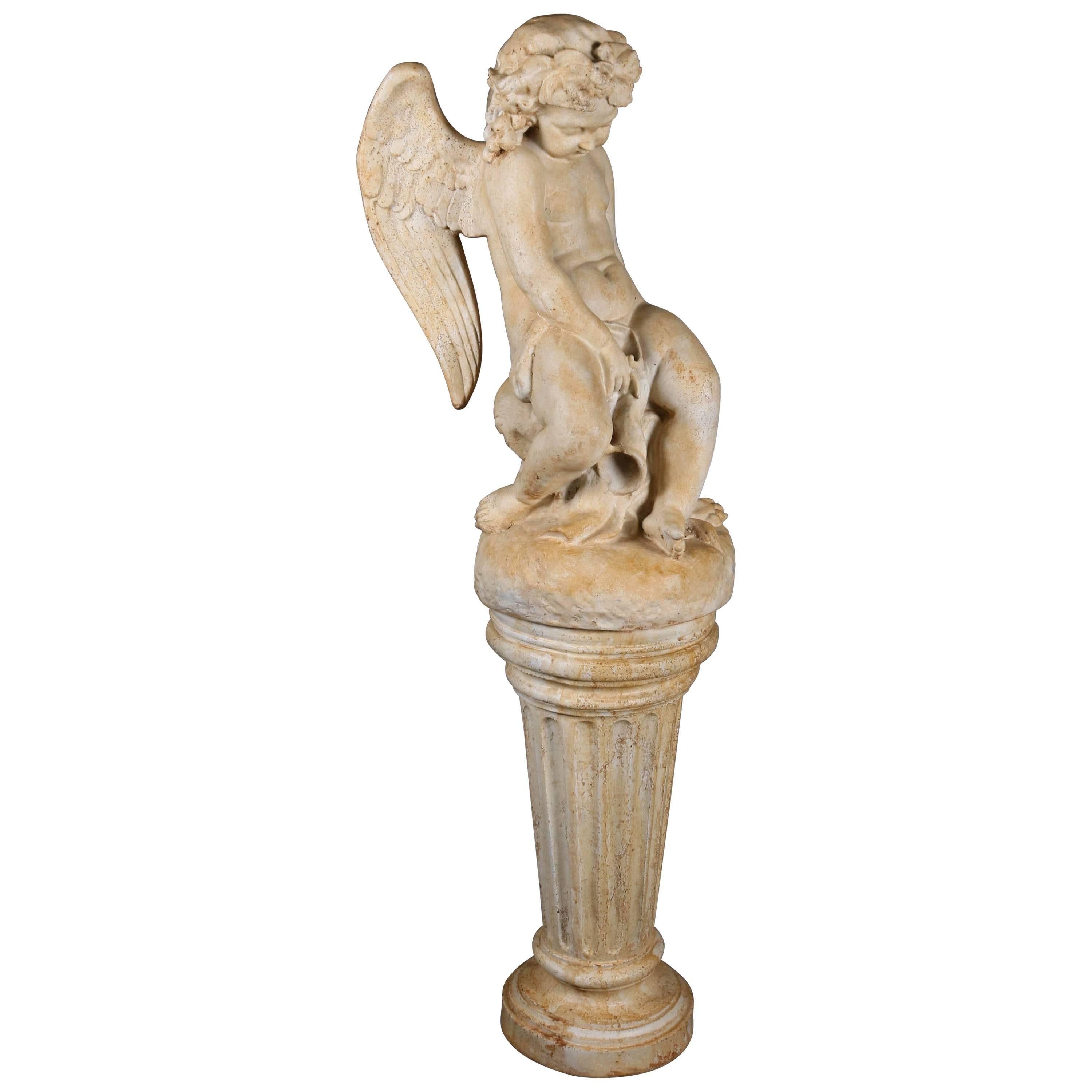 Classical Cherub Resin Sculpture on Corinthian Column Pedestal, 20th Century