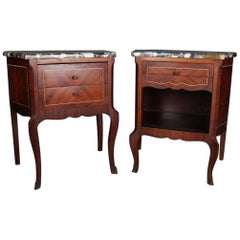 Set of Antique French Louis XVI Style Mahogany Satinwood Inlay Marble-Top Stands