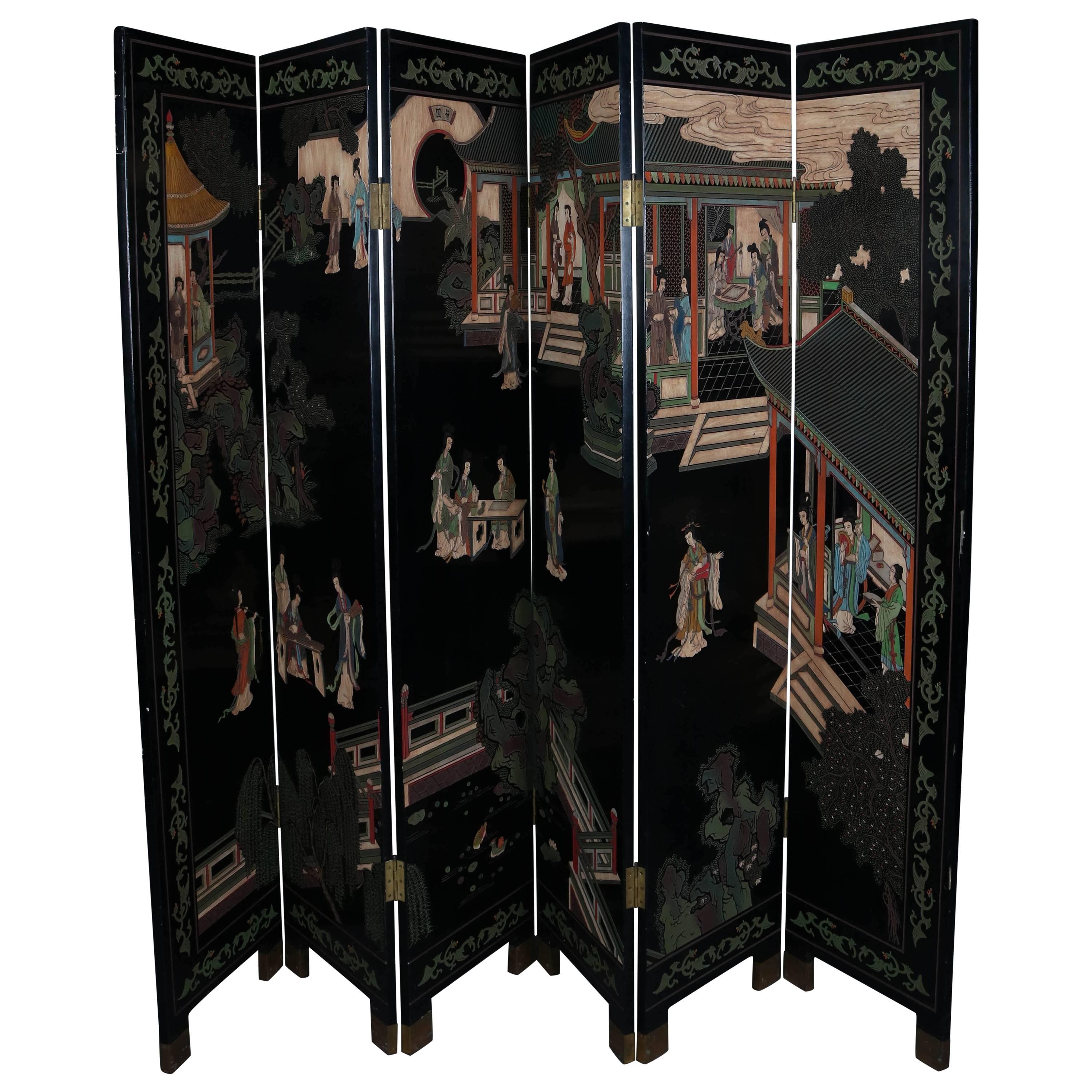 Carved Coromandel Hand-Painted Ebonized Four-Panel Dressing Screen