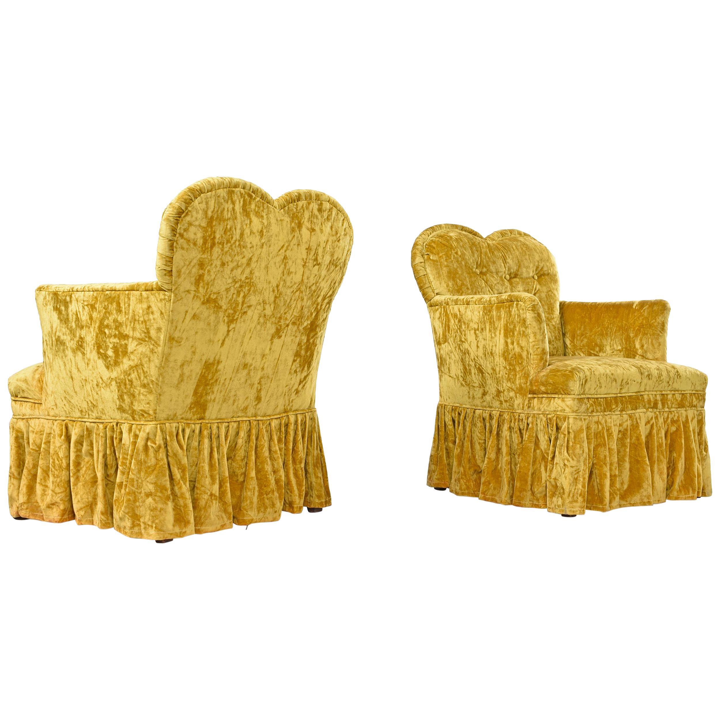 Crushed Velvet Petit Heart Shaped Hollywood Regency Chartreuse Bedroom Chairs