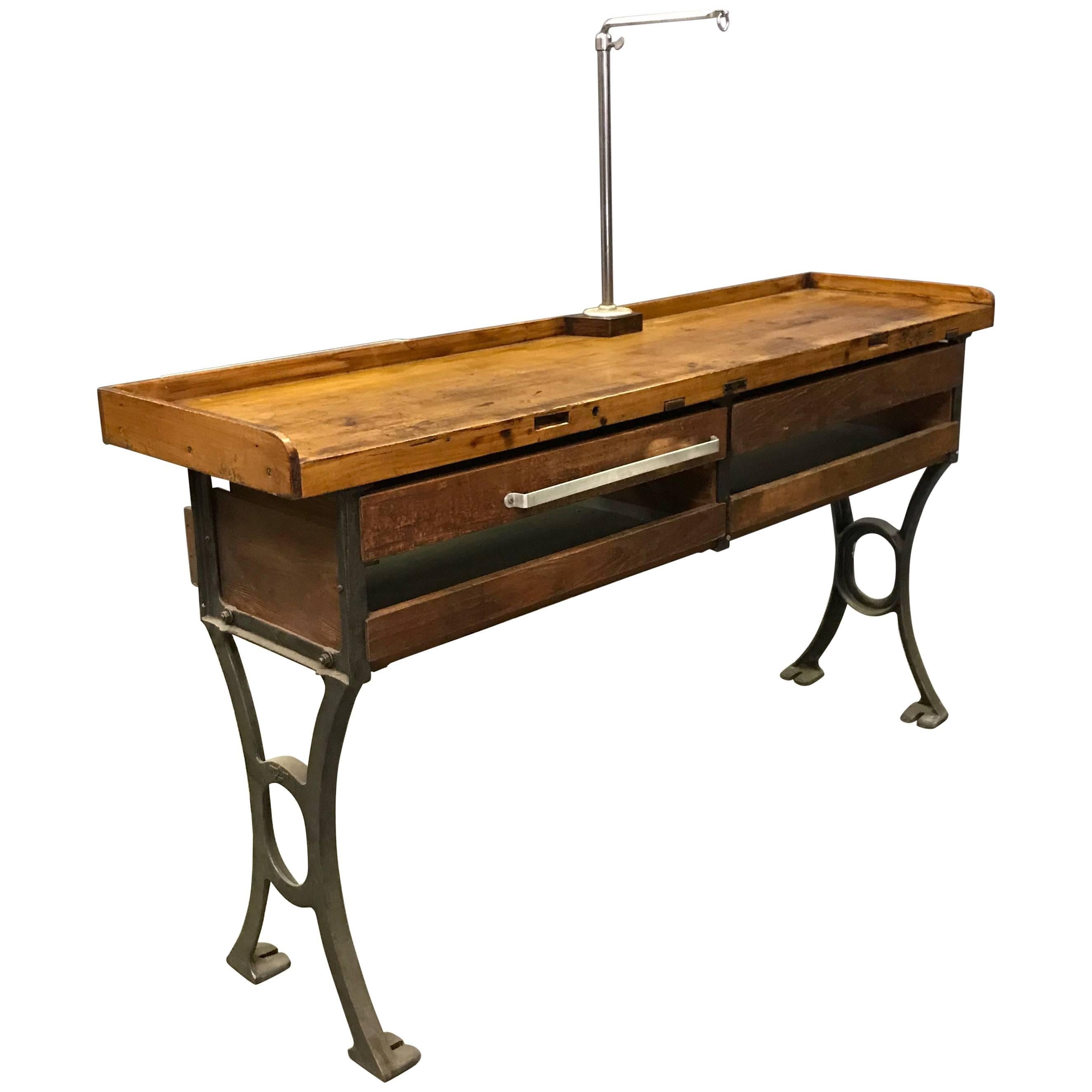 Industrial Double Wide Maple Cast Iron Jewelers Work Bench Table