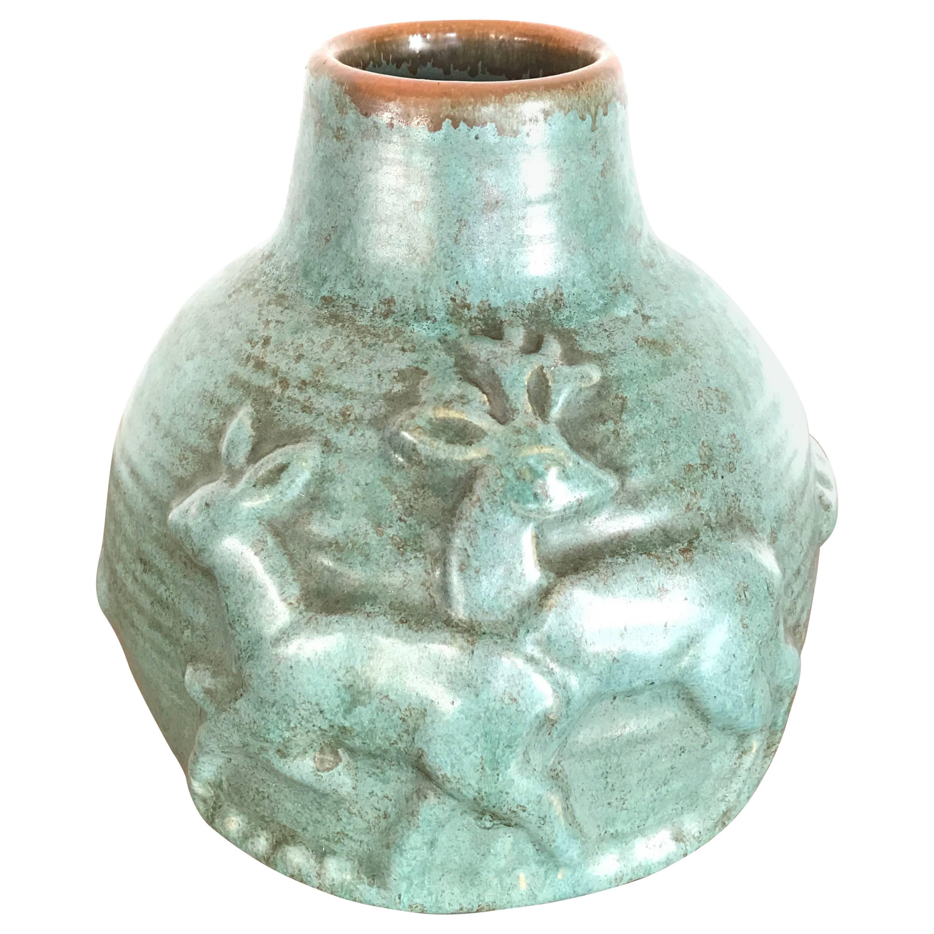 Michael Andersen Stoneware Vase with Green Glaze, 1930s from Denmark