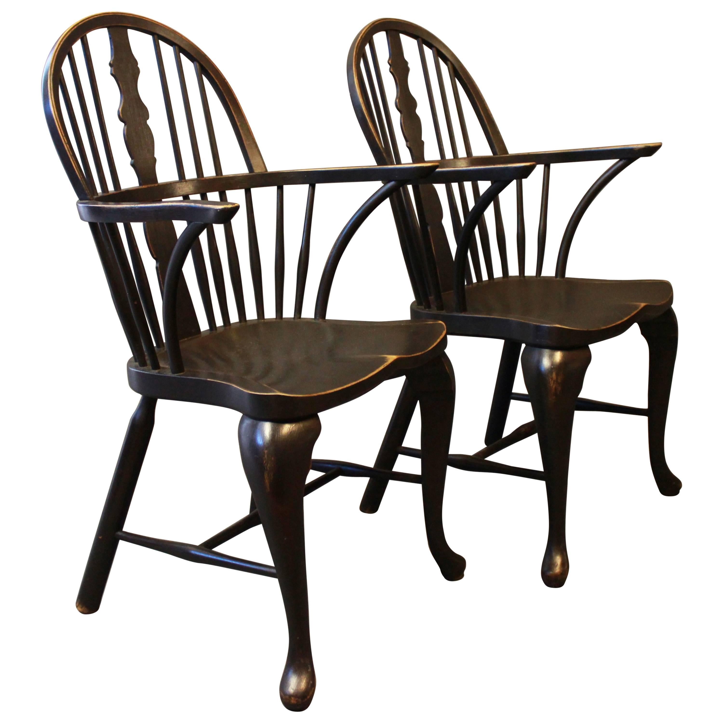 Pair of Black Painted Windsor Armchairs in Wood from the 1880s