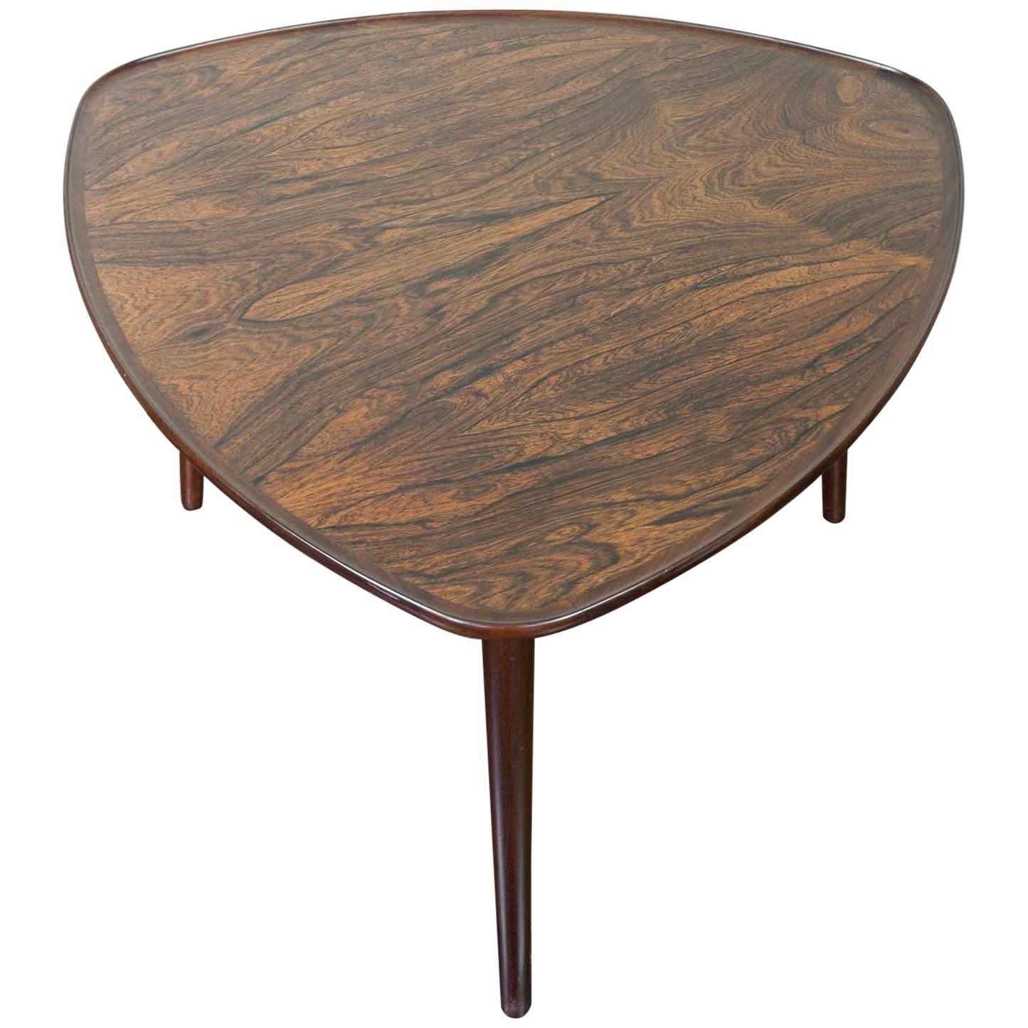 1960s Danish Midcentury Rosewood Three-Legged Triangular Coffee Side Table