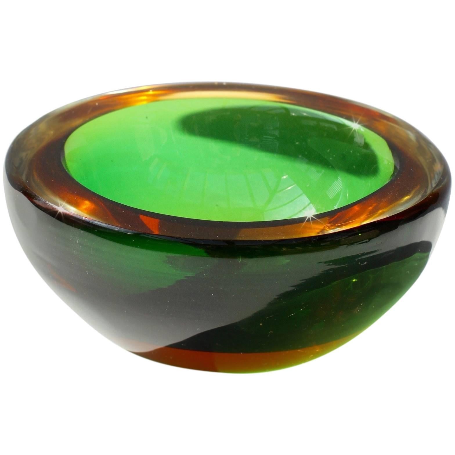 Vintage Green & Amber Murano 'Sommerso' Art Glass Bowl Attributed to Flavio Poli