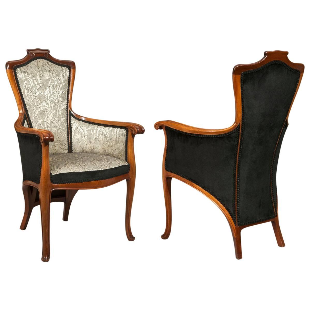 Edouard Colonna, Pair of Art Nouveau Carved Walnut Armchairs For Sale