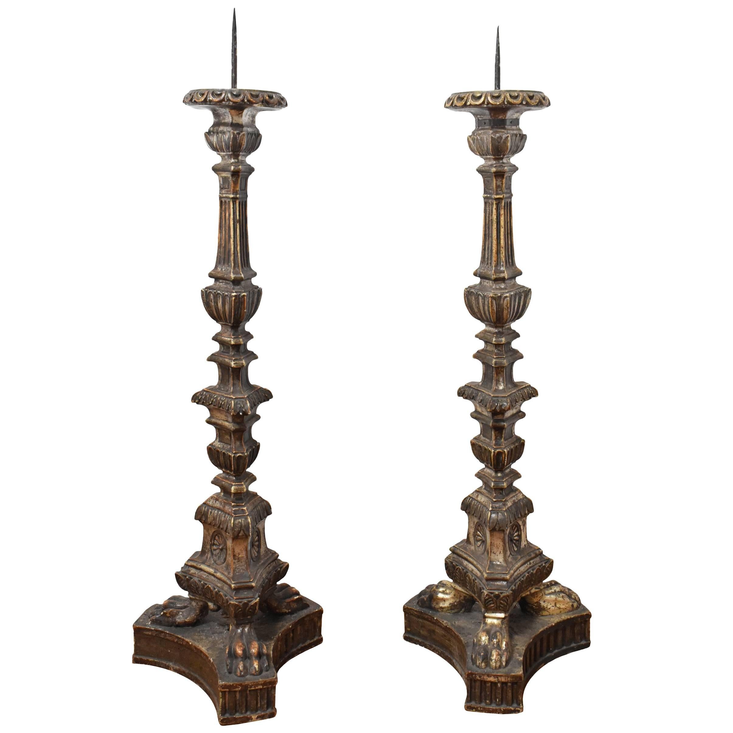 18th Century Pair of Italian Grand Scale Silver Gilded Pricket Sticks