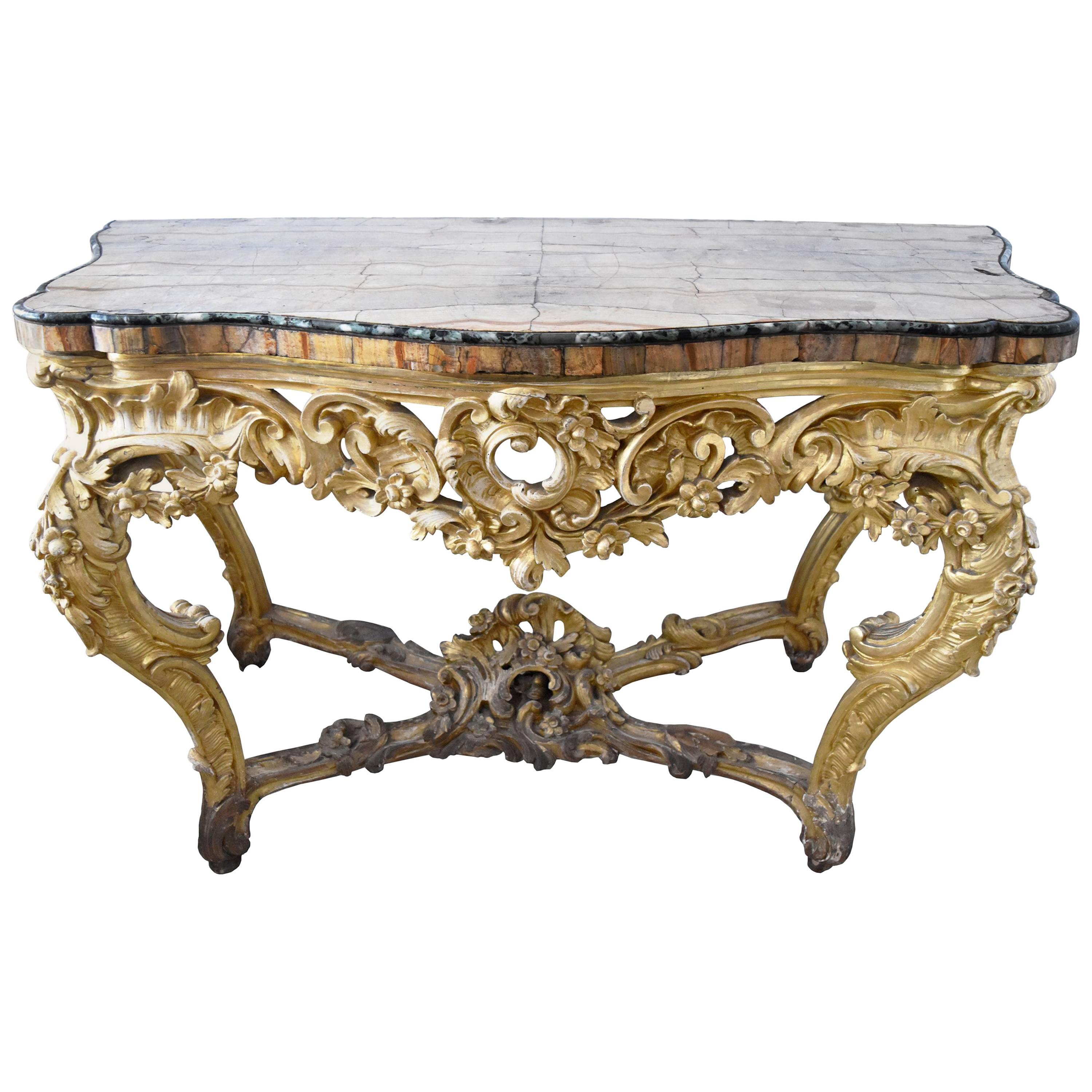 18th Century, French Gold Guilted Console Table with Fossilized Marble Top