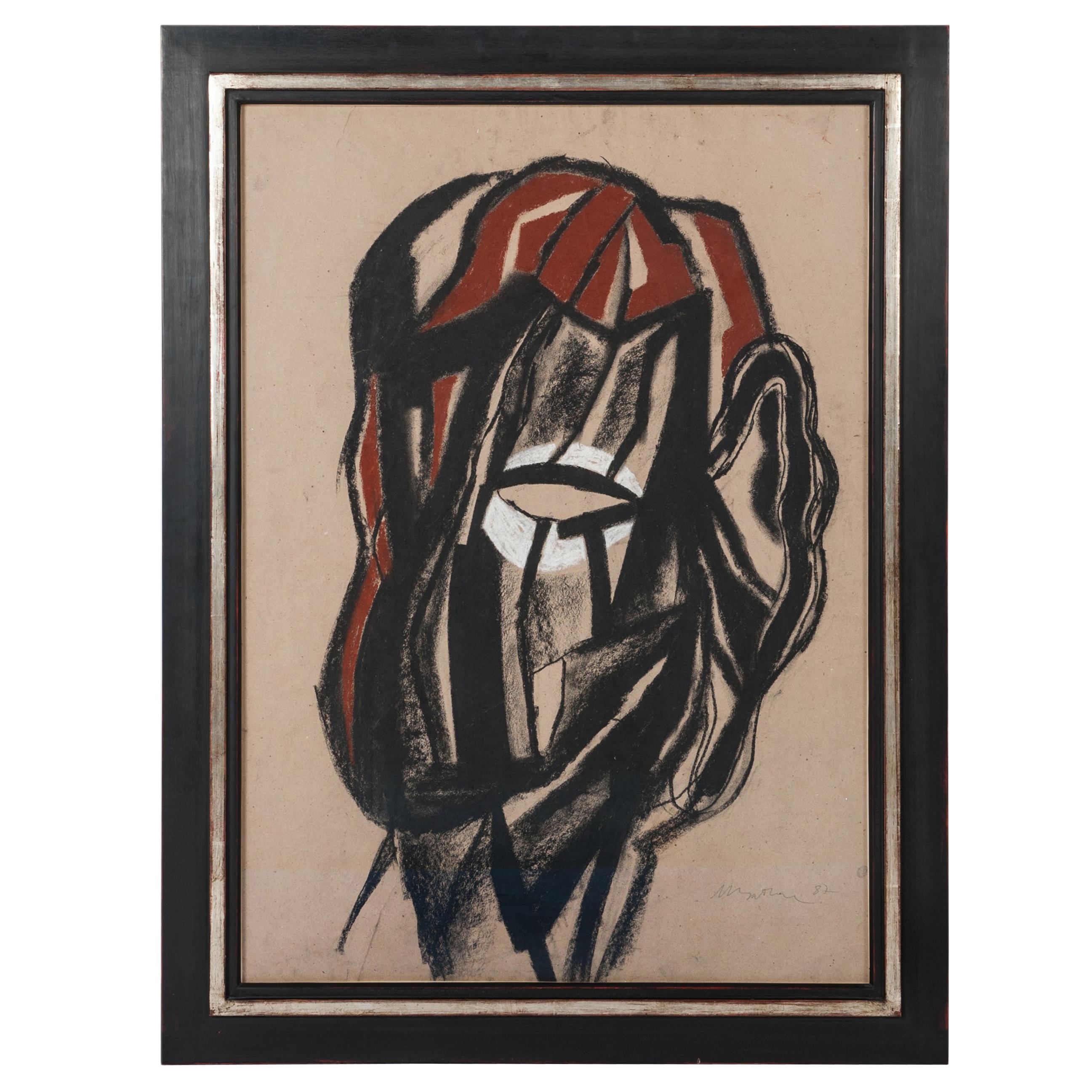 Charcoal Drawing Black, Beige, Red and White Michel Batlle 1987 Handworked Frame For Sale