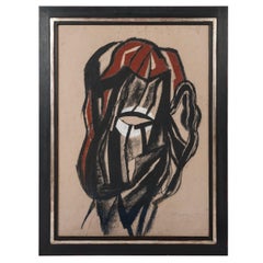 Disegno a carboncino nero, beige, rosso e bianco Michel Batlle 1987 Cornice lavorata a mano
