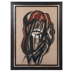 Retro Charcoal Drawing Black, Beige, Red and White Michel Batlle 1987 Handworked Frame