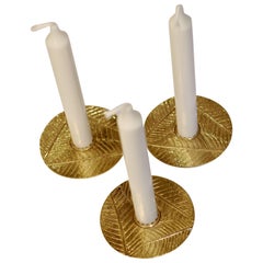 Set of Handmade Brass Leaf Candleholders, Tapered Candles