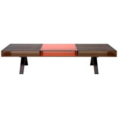 Gilroy Coffee Table with Ziricote and Colored Italian Glass Top, Bronze Interior