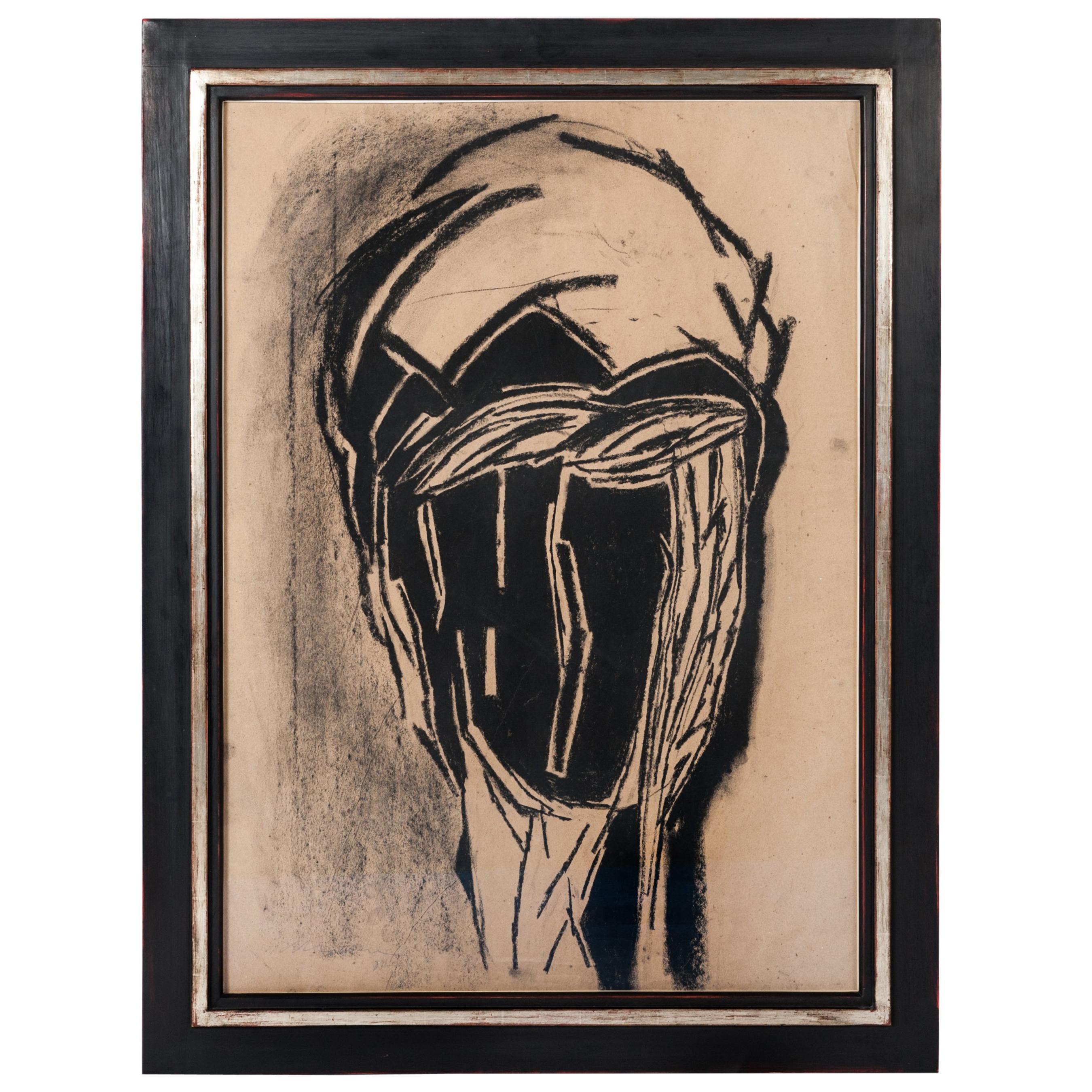 Charcoal Drawing Black-Beige Michel Batlle 1987 Handworked Frame, Museums Glass For Sale