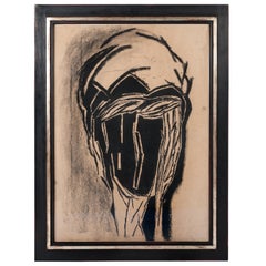 Vintage Charcoal Drawing Black-Beige Michel Batlle 1987 Handworked Frame, Museums Glass