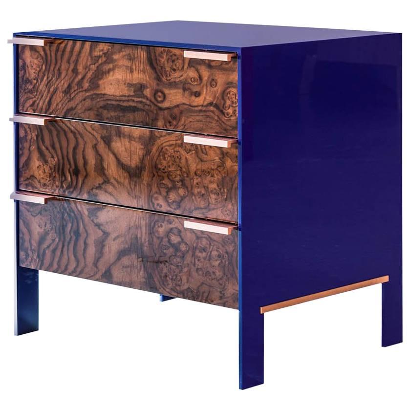 Johansson Cabinet / End Table, Blue Lacquered Aluminum, Walnut Burl, Copper