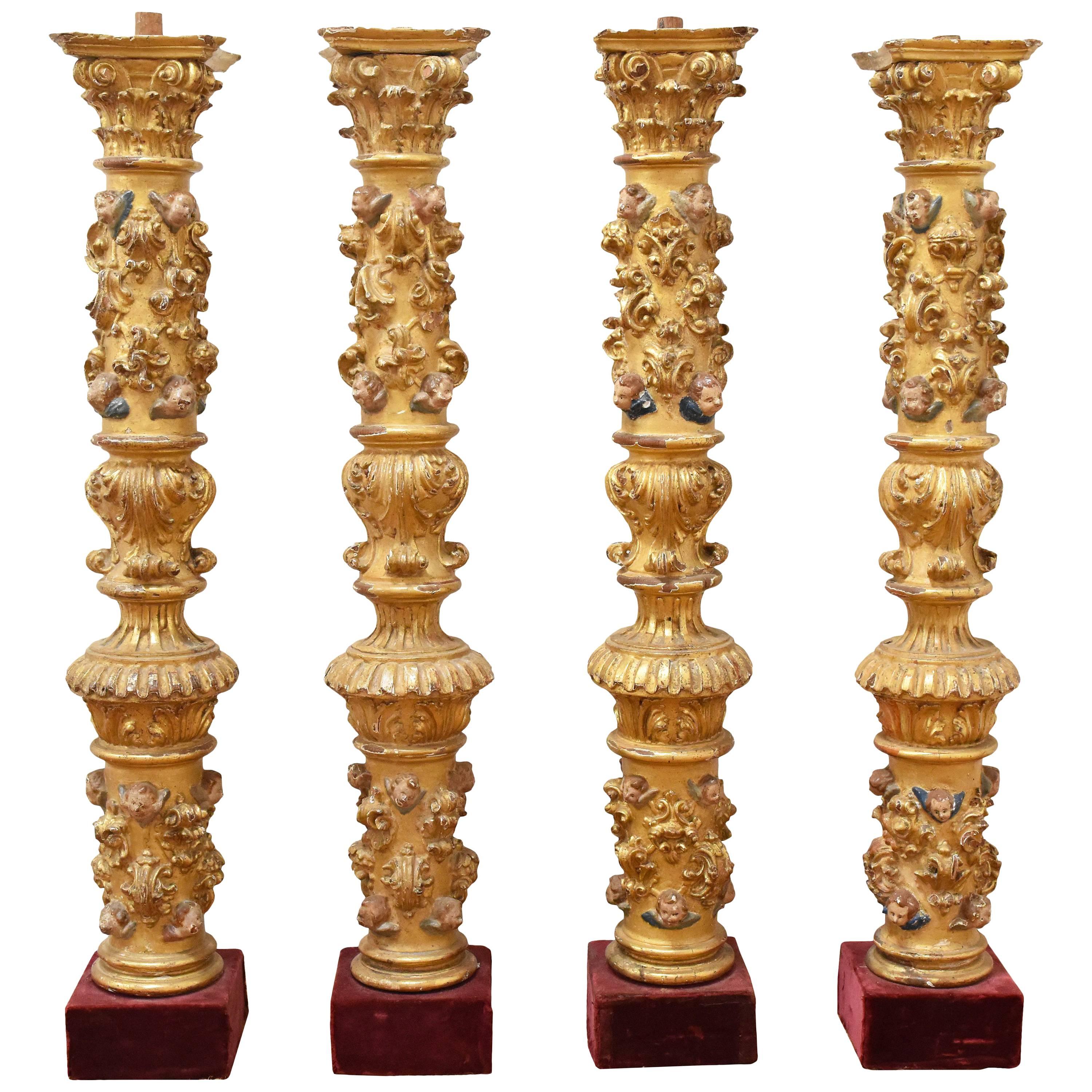 18th Century Baroque Spanish Set of Four Fruitwood Gilded Columns
