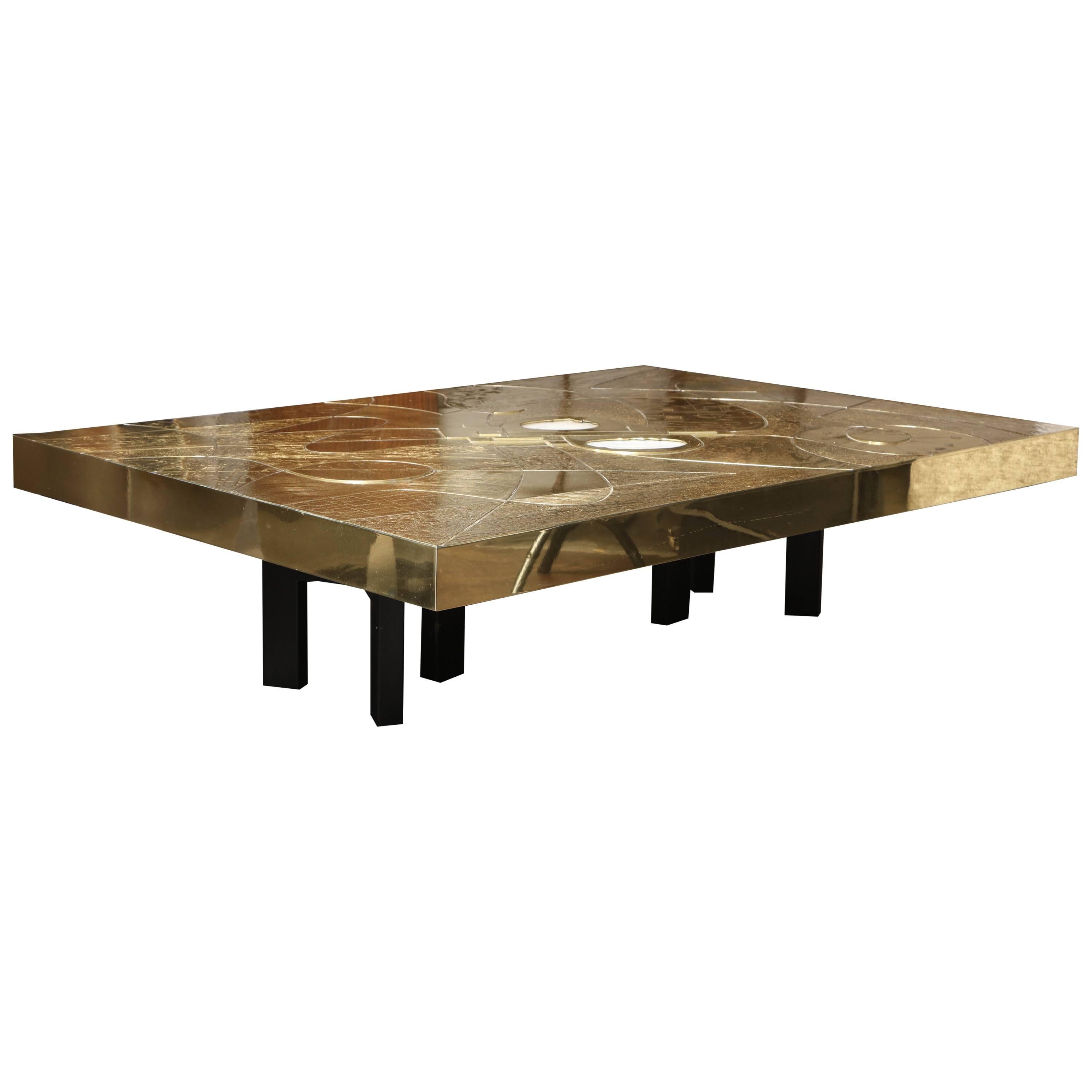 Custom Spectacular Etched Brass and Double Agate Rectangular Cocktail Table