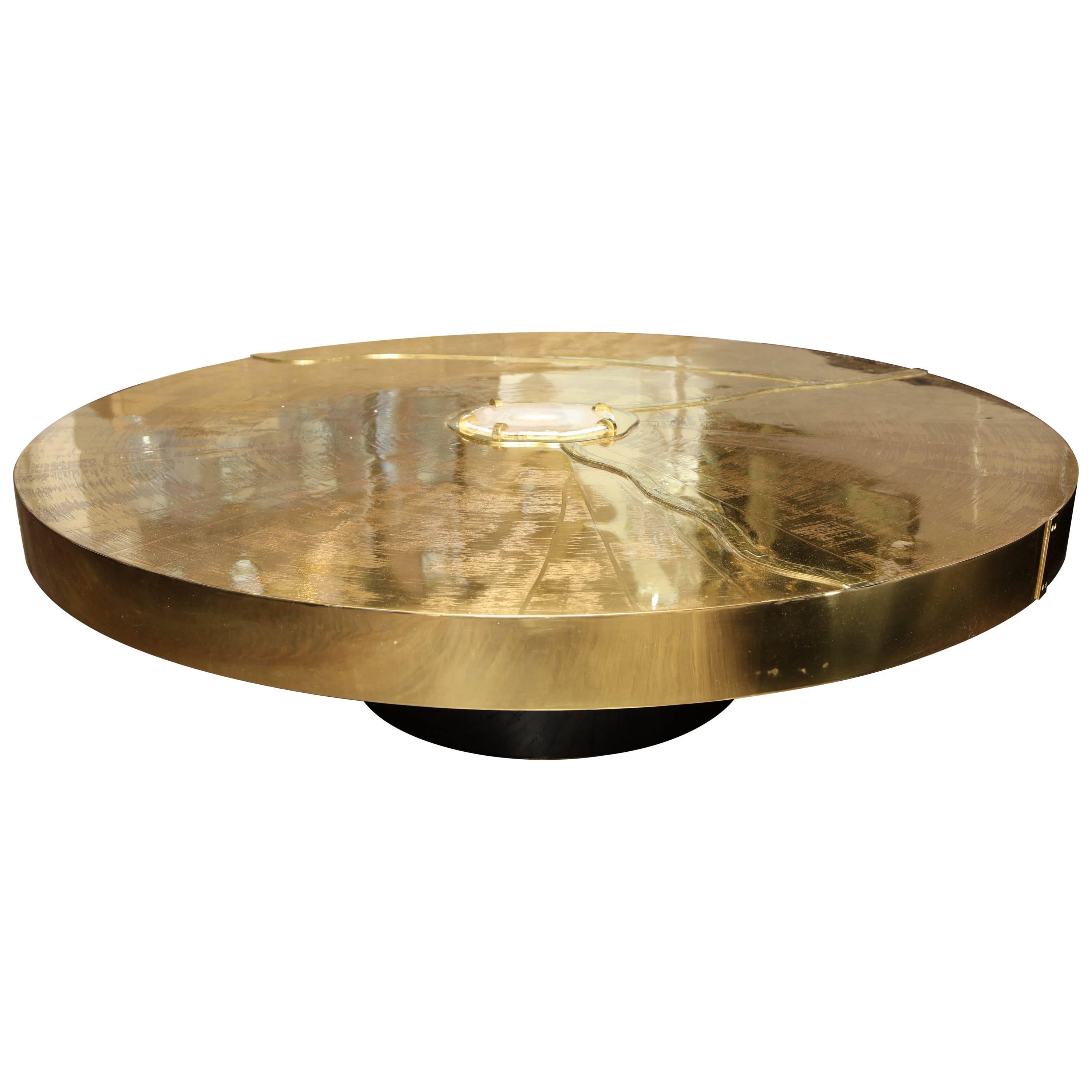 Spectacular Round Etched Brass and Agate Cocktail Table