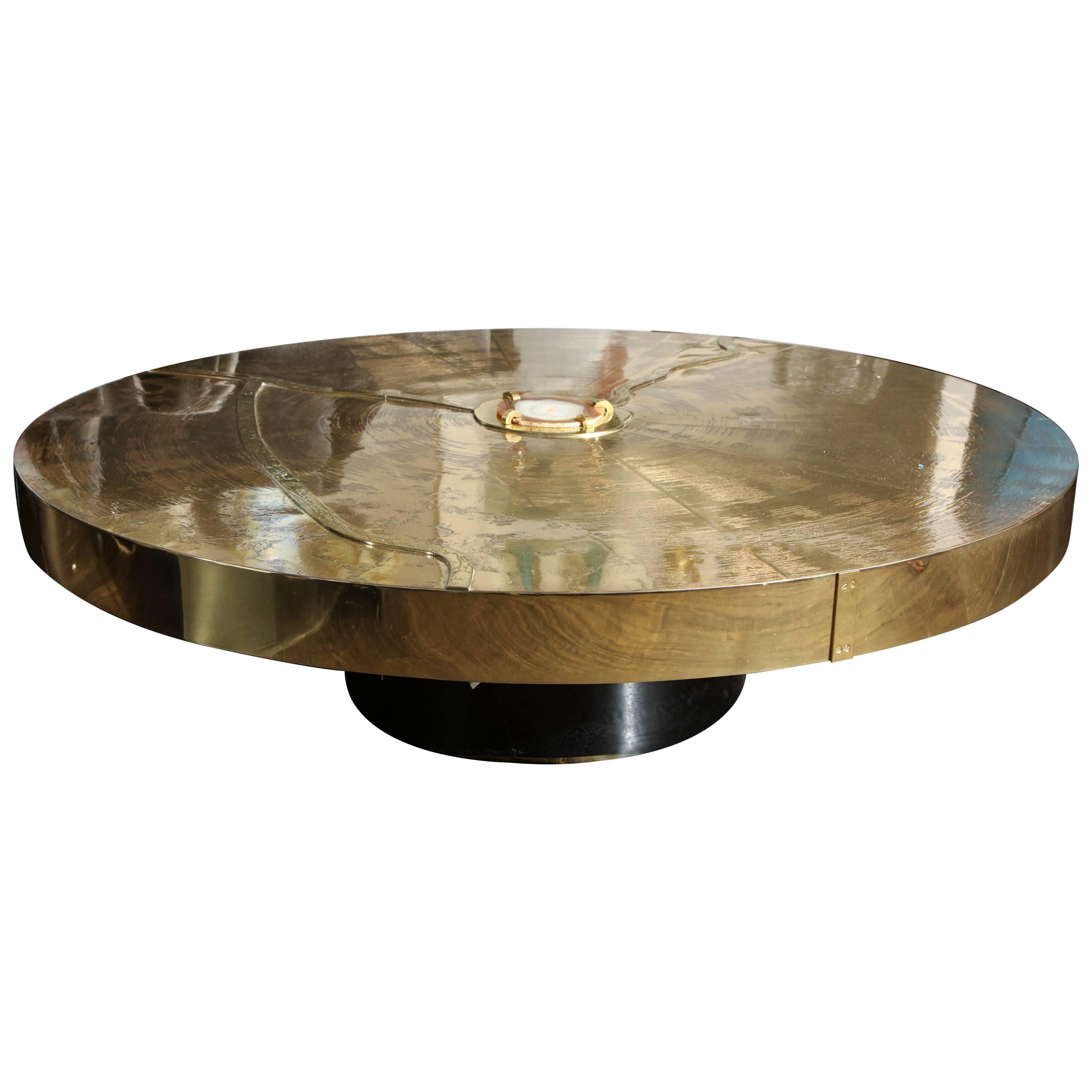 Custom Spectacular Round Etched Brass Cocktail Table with Agate Stone