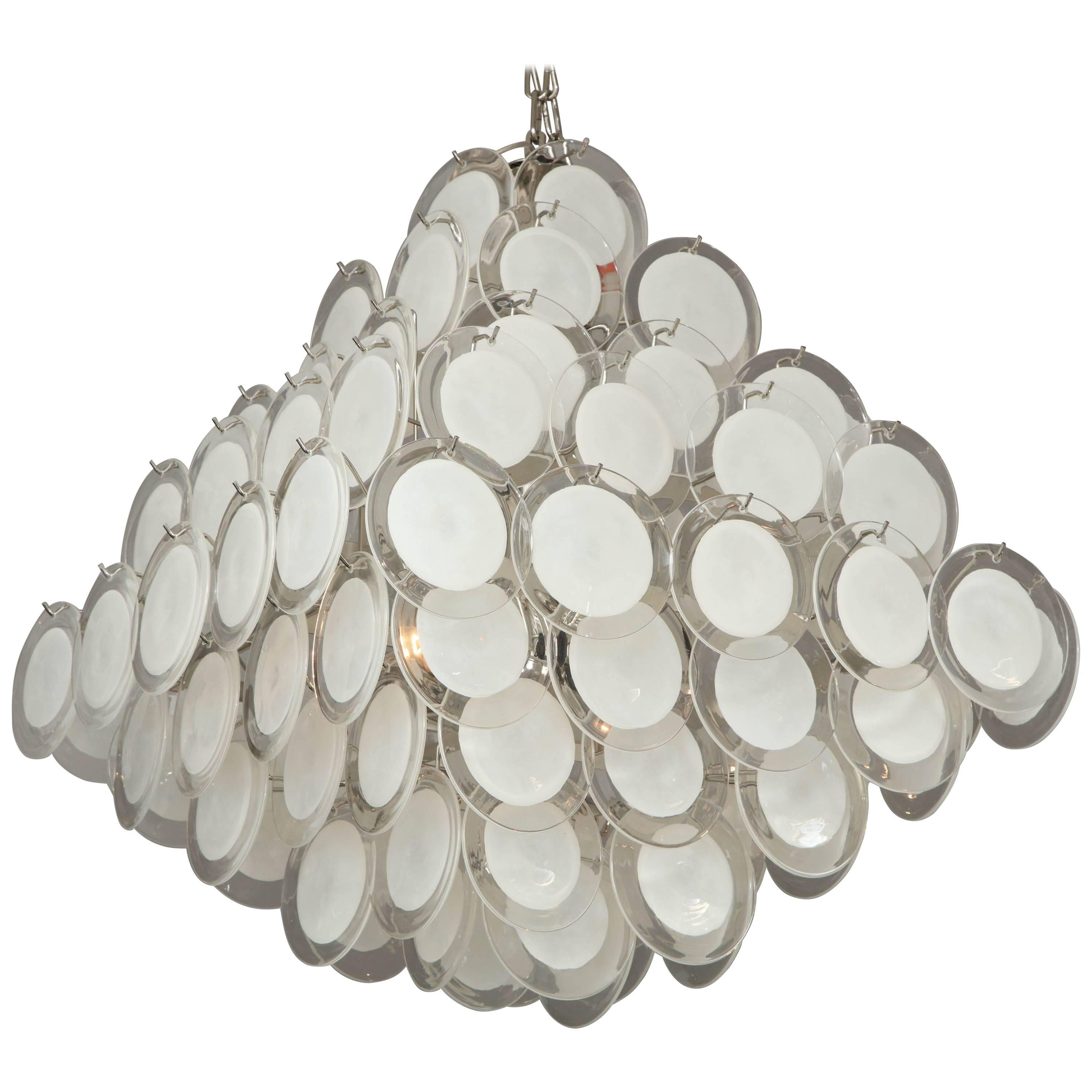 Large Pagoda-Style White Glass Disc Chandelier For Sale