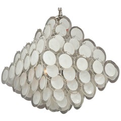 Large Pagoda-Style White Glass Disc Chandelier