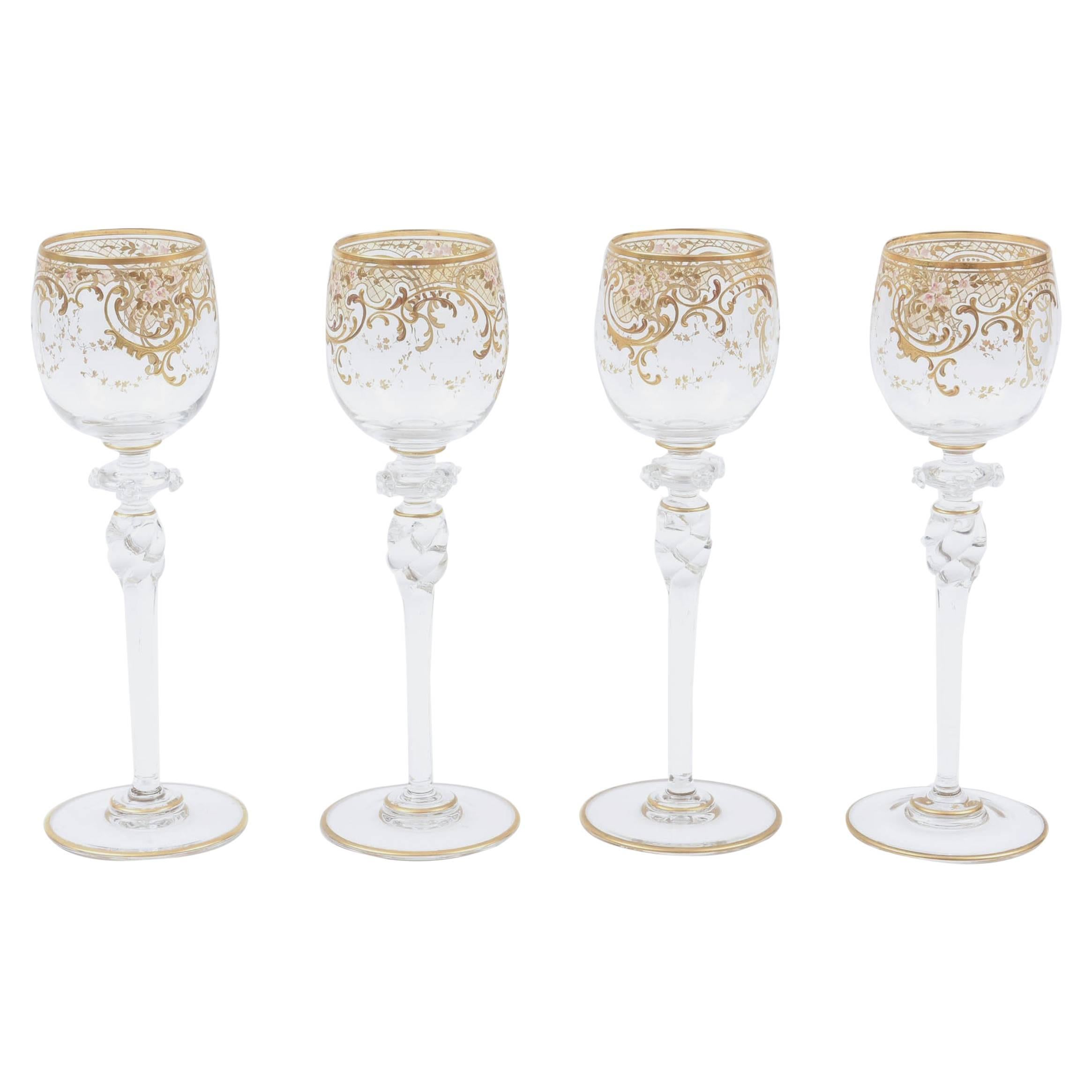 Four Tall Elegant Antique Moser Wine Goblets, Raised Gold & Hand-Painted Florals