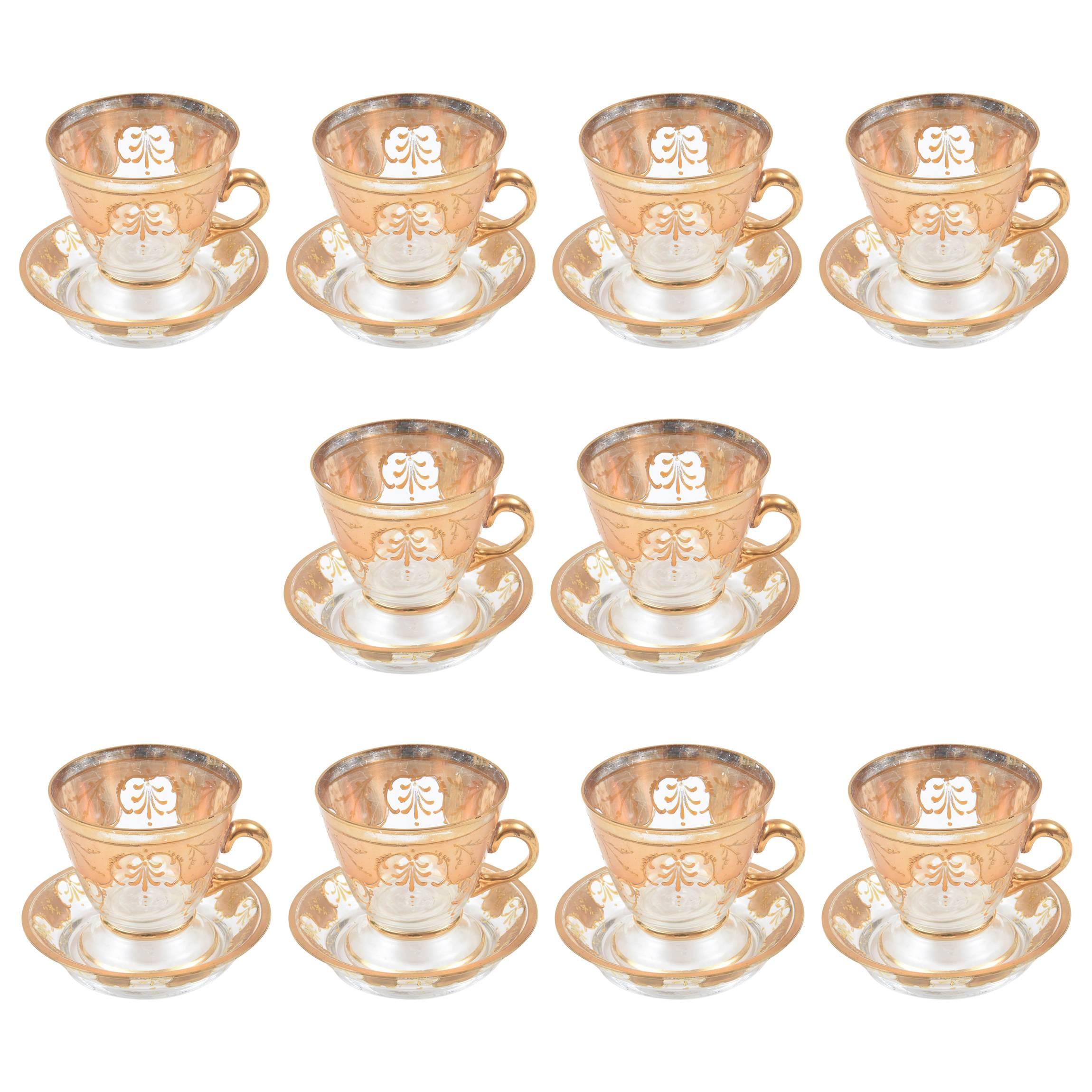 Ten Beautiful Gilt Glass Demi Tasse Cups and Saucers. Antique & Great Condition