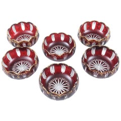 Six Cut-Glass Ruby Red and Gilt Petal Shaped Bowls for Dessert, Soup, Accent