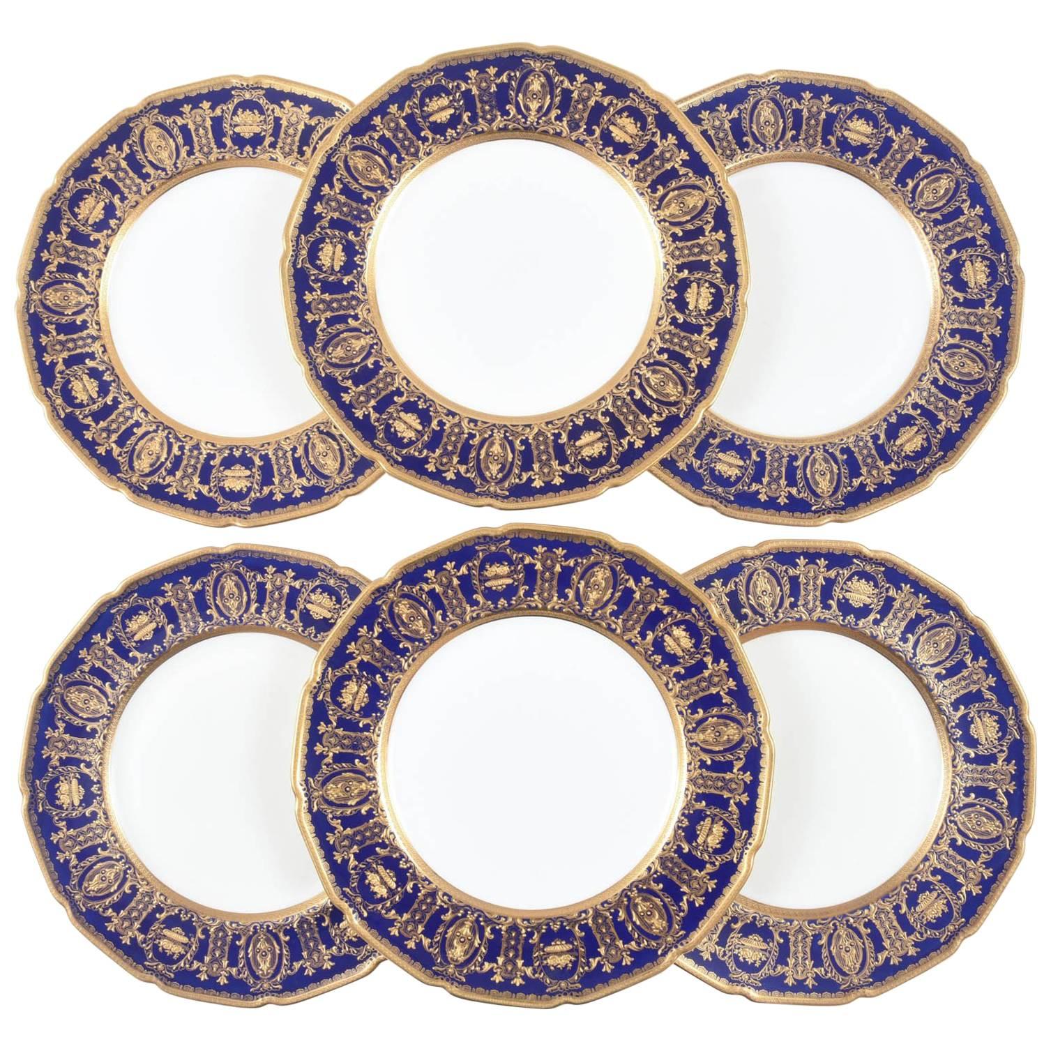 Six Custom for Tiffany Cobalt Blue & Gilt Encrusted Dinner Plates, English