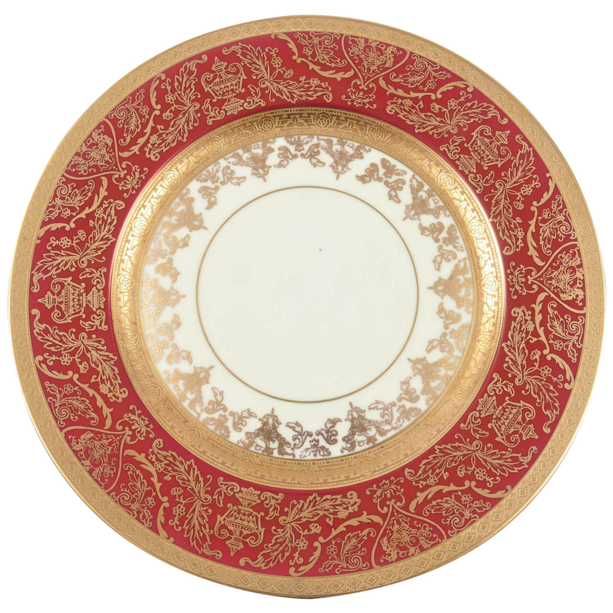 12 Impressive Ruby Red & Gold Encrusted Dinner or Presentation Plates, Antique