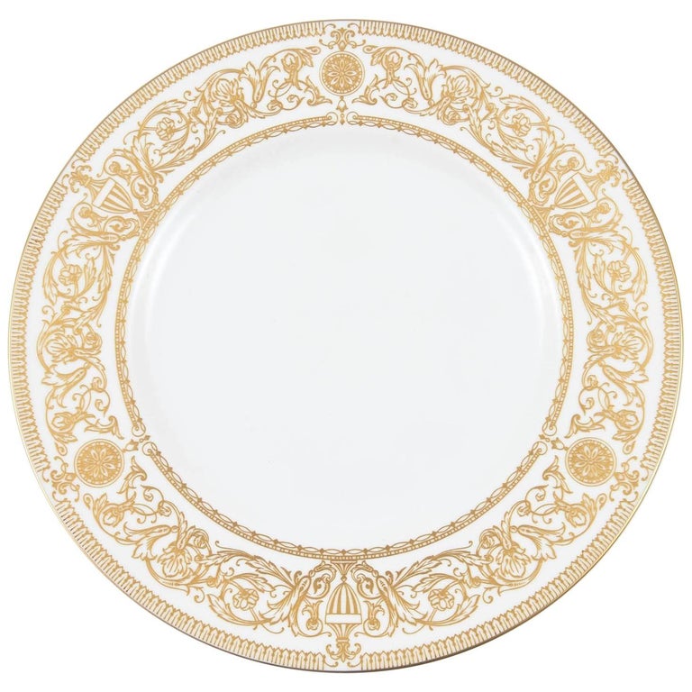 24 Vintage English White Gold Dinner Plates, Classic Gilt Embossed