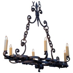 Hand-Forged, Spanish Linear Iron Chandelier , circa 1930