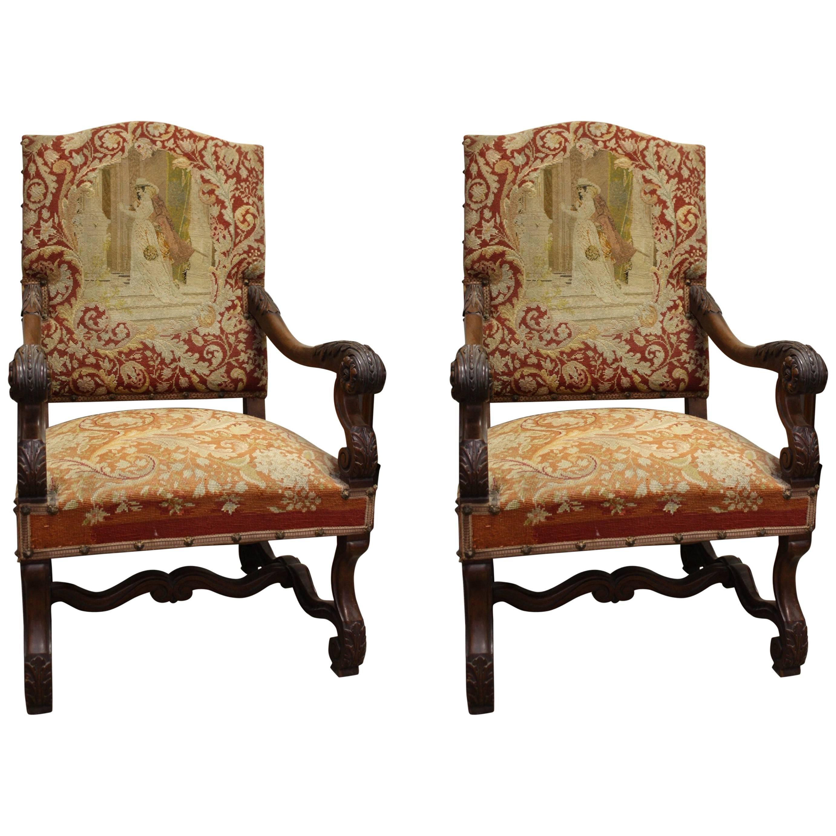 Two 19th Century, French Louis XIV Walnut Needlepoint Armchair