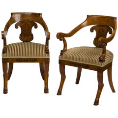 Retro Pair of Consulat Ebony-Inlaid Birchwood Armchairs Stamped Jacob Frères